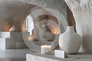 Elegant scented candle display Elegant minimalist style on white shelves with textured vases and artistic illumination AI