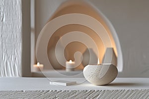 Elegant scented candle display Elegant minimalist style on white shelves with textured vases and artistic illumination AI
