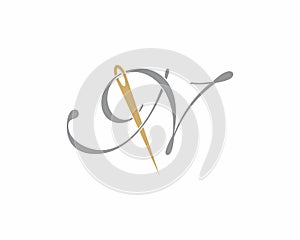 Elegant Script Letter N With Needle Logo Design Vector