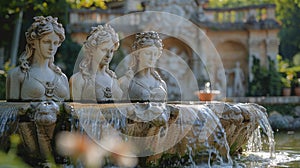 Elegant Sculptures at a Historic Fountain in Sunlit Garden