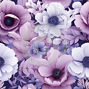 Elegant Seamless Anemone Flower Pattern on Dark Background, Perfect for Stylish Wallpapers.