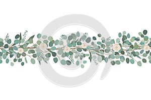 Elegant seamless border from roses and eucalyptus branches. Floral garland. Vector illustration.