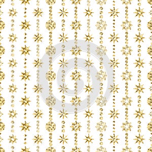 Elegant Seamless pattern with Christmas decorations. Garland from snowflakes with gold glitter on a white background