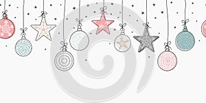 Elegant seamless pattern with hanging Christmas balls and stars. Hand drawn and creative baubles - Vector Illustration