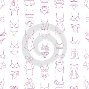 Elegant seamless pattern with lingerie, sleepwear or underwear drawn with contour lines on white background. Backdrop