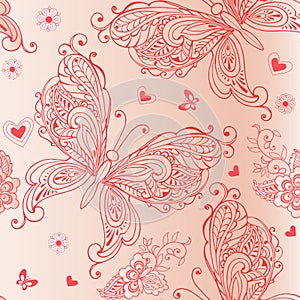 Elegant seamless pattern with pink butterflies, flowers and hearts. Decorative ornament background fabric, textile, wrapping paper