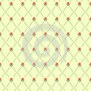 Elegant seamless pattern with rhombus and red small flower lily or tulip.