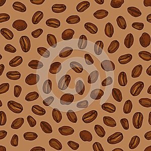 Elegant seamless pattern with roasted coffee seeds or beans scattered on brown background. Realistic hand drawn vector photo