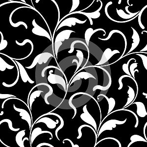 Elegant seamless pattern with swirls and leaves on a black background.