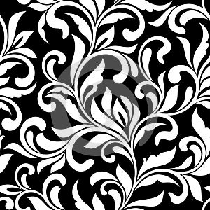 Elegant seamless pattern. Tracery of swirls and decorative leaves on a black background. Vintage style.