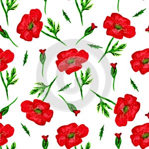 Elegant seamless pattern with watercolor painted red poppy flowers, design elements. Floral pattern for wedding invitations, greet