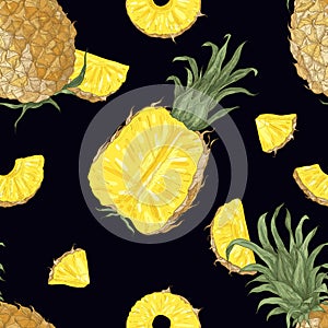Elegant seamless pattern with whole and cut pineapples on black background. Backdrop with fresh tropical juicy fruit