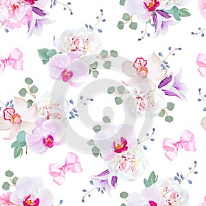 Elegant seamless vector print in purple, pink and white tones with bows.