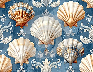 Elegant Seashell Pattern on a Blue Ornate Background