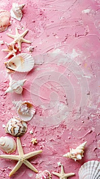 Elegant seashells and starfish are artistically laid out on a vibrant pink backdrop with a textured finish. Copy space