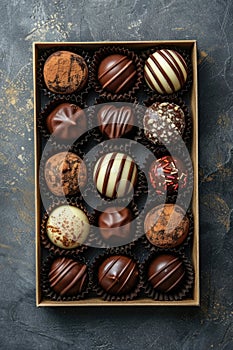 Elegant selection of various gourmet chocolates in a brown box.