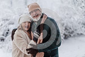 Elegant senior couple walking in the snowy park, during cold winter snowy day. Spending winter vacation in the mountains