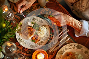 Elegant senior dinner with healthy, delicious meal on vintage table