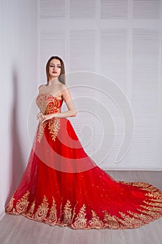 Elegant sensual young woman in beautiful red dress posing indoor.