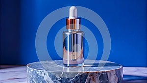 Elegant Serum Bottle on Marble Stand with Deep Blue Background photo