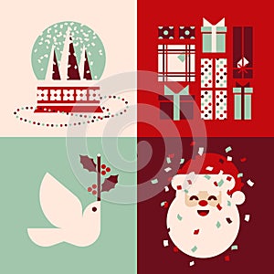 Set of retro Christmas cards with snow globe, holiday gifts, white dove and cute Santa Claus