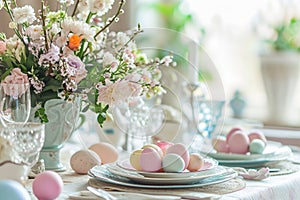 Elegant setting of the Easter table with pastel eggs, a bouquet of delicate flowers and fine porcelain in the bright dining room,