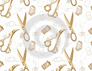 Elegant Sewing Pattern - Golden Scissors and Thread Spools on White