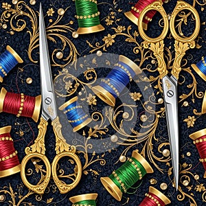 Elegant Sewing Pattern with Scissors and Thread Spools