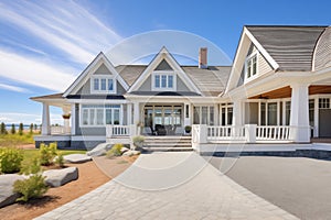 elegant shingle home with white trim and beach access