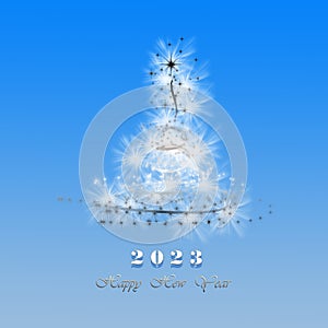 Elegant shiny blue New Year background with beautiful fir tree and place for text. Greeting card, party