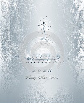 Elegant shiny silver New Year background with beautiful fir tree and place for text. Greeting card, party