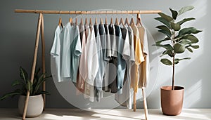 Elegant shirt collection hanging on modern coathanger generated by AI photo