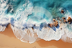 Elegant shoreline Top view captures soft ocean wave on sandy beachs beauty