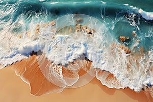 Elegant shoreline Top view captures soft ocean wave on sandy beachs beauty