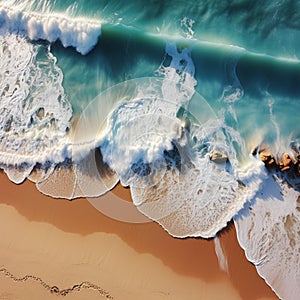 Elegant shoreline Top view captures soft ocean wave on sandy beachs beauty