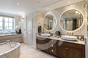 Luxury show home bathroom with twin sinks photo