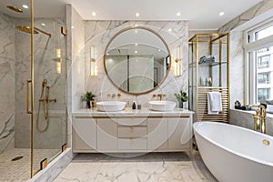 Luxury show home bathroom with twin sinks photo