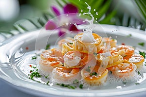 Elegant Shrimp Appetizer with Cream Splash on Porcelain Plate with Orchid Decoration and Fresh Herbs