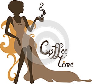 Elegant silhouette of beautiful woman with a cup of coffee