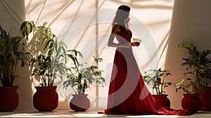 Elegant Silhouette: Confident Woman in Flowing Red Dress against Glowing Backdrop