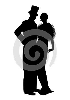 Elegant silhouettes of couple wearing retro style party clothes. Man in top hat and lady with long dress and fur stole