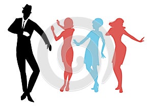 Elegant silhouettes of people wearing clothes of the sixties dancing 60s style