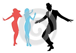 Elegant silhouettes of people wearing clothes of the sixties dancing 60s style