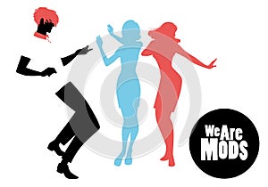 Elegant silhouettes of people wearing clothes of the sixties dancing 60s style