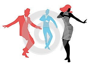 Elegant silhouettes of people wearing clothes of the sixties dancing 60s style