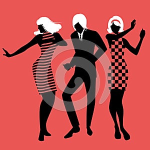 Elegant silhouettes of people wearing clothes of the sixties dancing 60s style