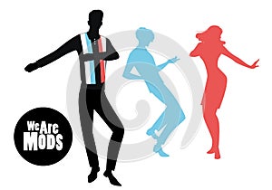 Elegant silhouettes of people wearing clothes of the sixties dancing 60s style