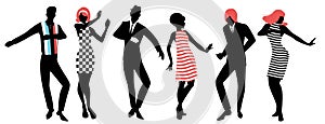 Elegant silhouettes of people wearing clothes of the sixties dancing 60s style photo