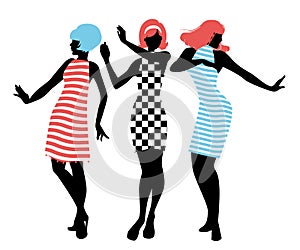 Elegant silhouettes of three girls wearing clothes of the sixties dancing 60s style