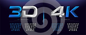Elegant Silver And Blue 3D Metal Chrome Alphabet And Number Font. Typography technology, digital, movie logo fonts design. vector